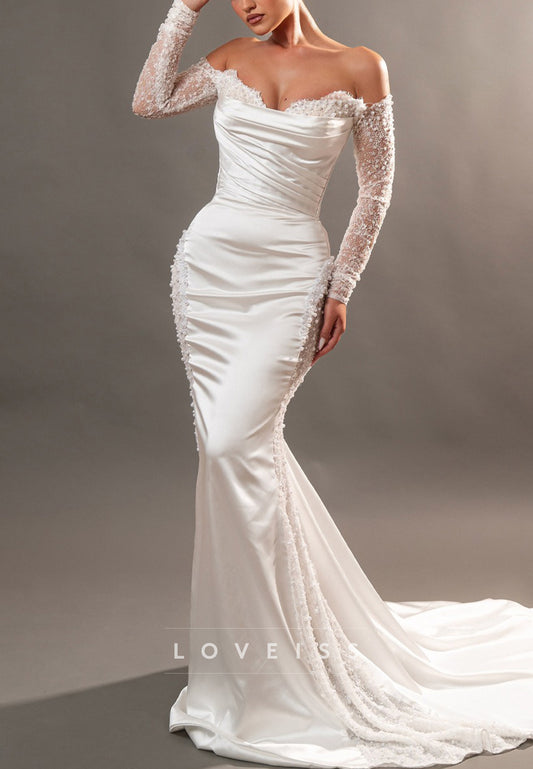 Off-Shoulder Long Sleeves Beaded Embroidery Mermaid Wedding Dress
