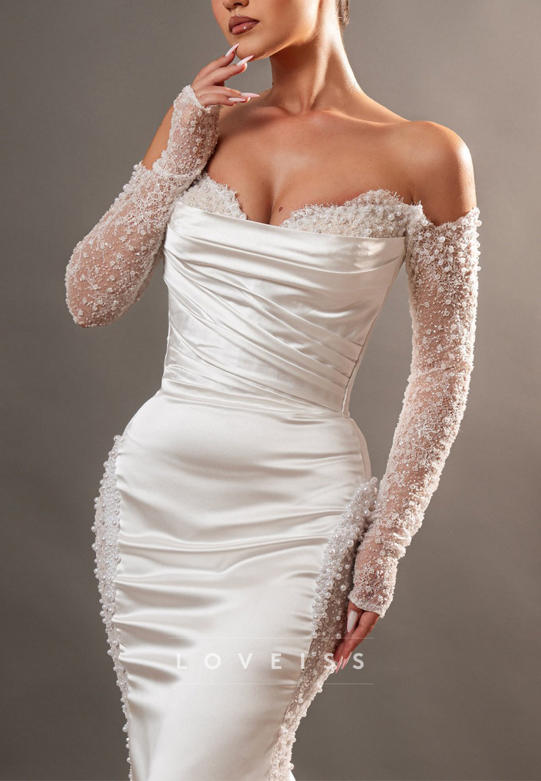 Off-Shoulder Long Sleeves Beaded Embroidery Mermaid Wedding Dress