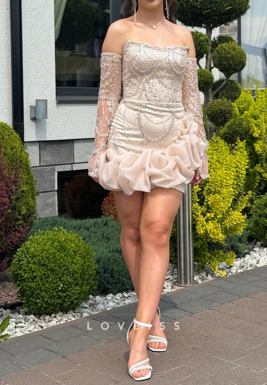 Off-Shoulder Long Sleeves Beaded Embroidery Ruched Sheath Party Homecoming Dress