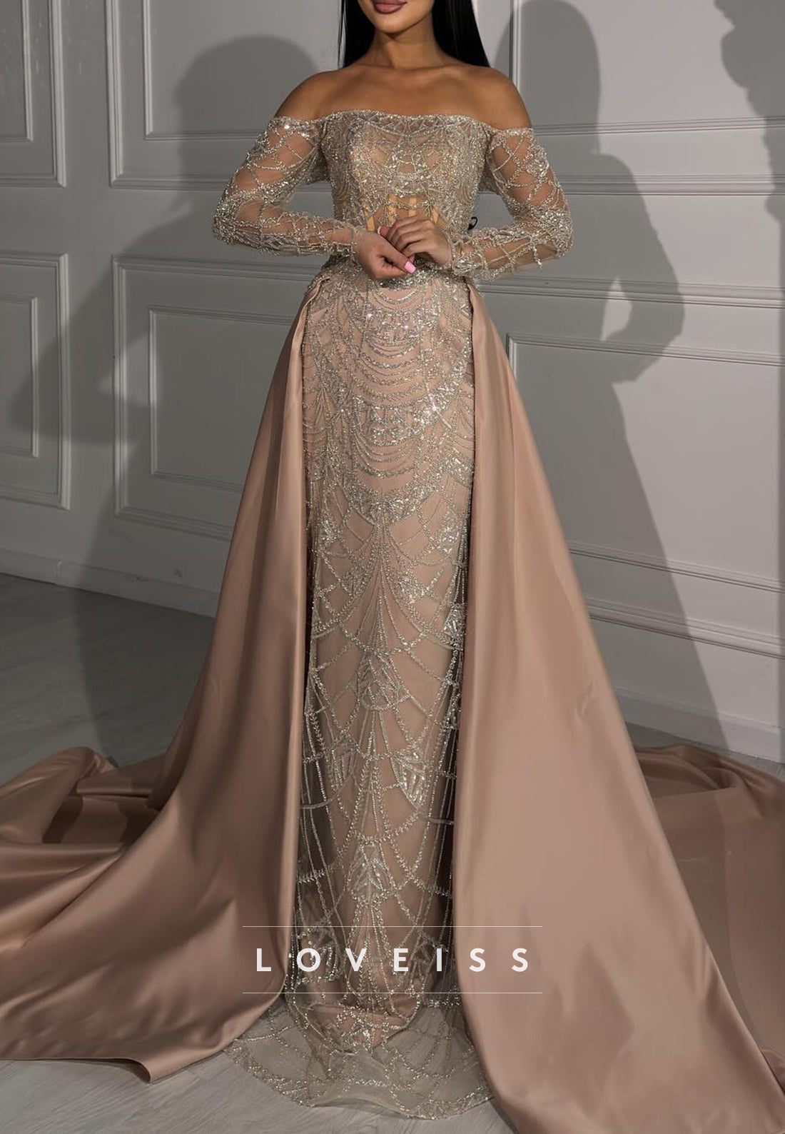 Off-Shoulder Long Sleeves Beaded Embroidery Sheath Evening Dress