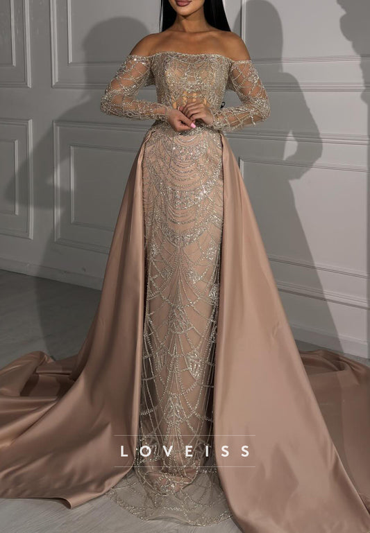 Off-Shoulder Long Sleeves Beaded Embroidery Sheath Evening Dress
