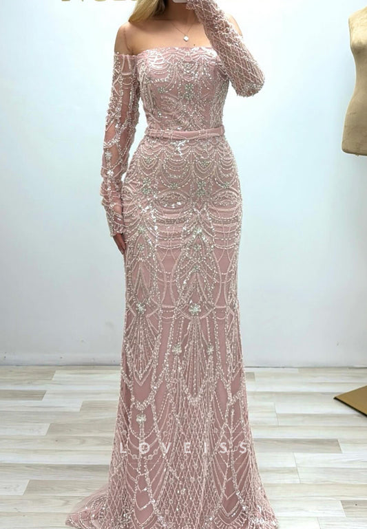 Off-Shoulder Long Sleeves Beaded Embroidery Sheath Evening Dress
