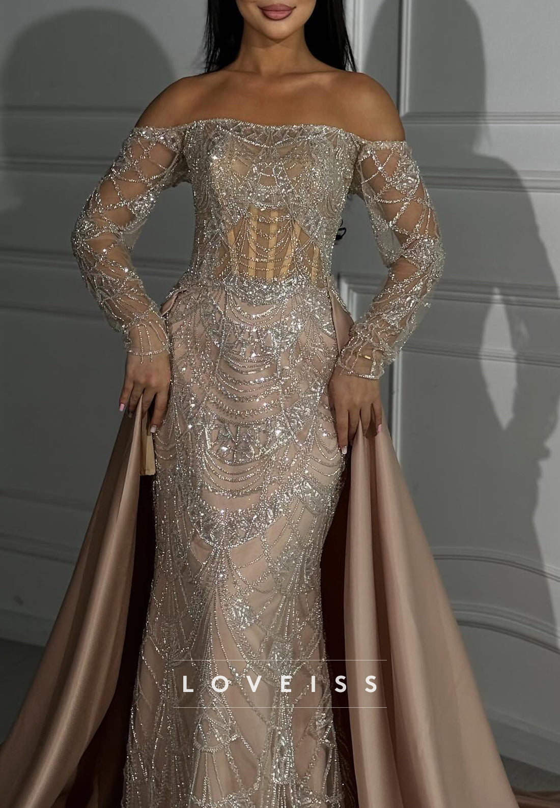 Off-Shoulder Long Sleeves Beaded Embroidery Sheath Evening Dress