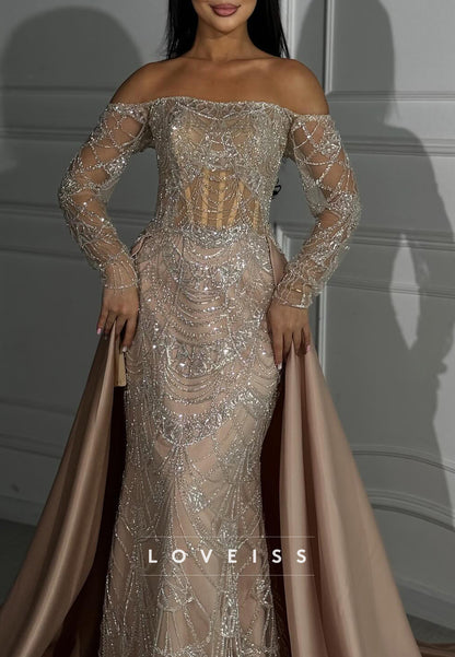 Off-Shoulder Long Sleeves Beaded Embroidery Sheath Evening Dress