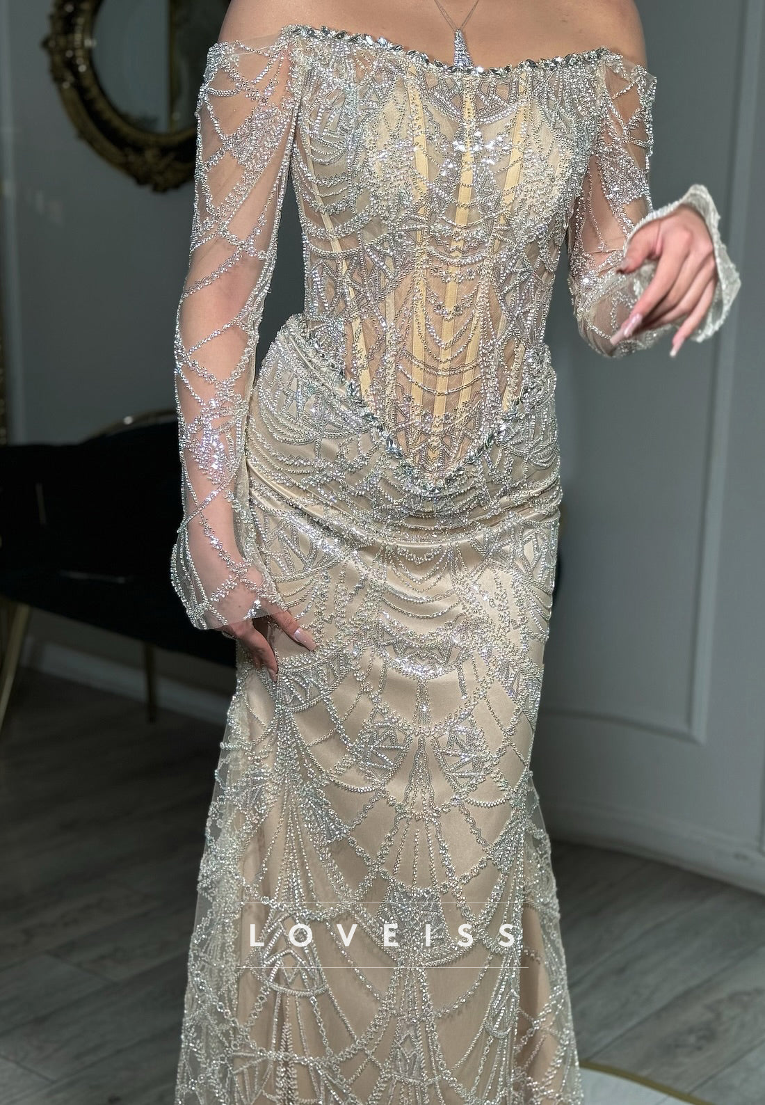 Off-Shoulder Long Sleeves Beaded Embroidery Sheath Evening Dress
