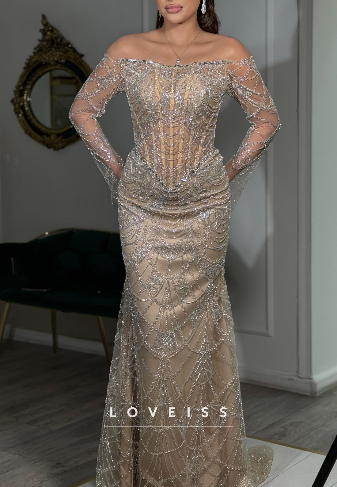 Off-Shoulder Long Sleeves Beaded Embroidery Sheath Evening Dress