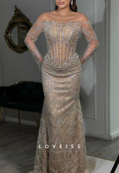 Off-Shoulder Long Sleeves Beaded Embroidery Sheath Evening Dress