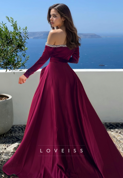 Off-Shoulder Long Sleeves Beaded High Slit A-Line Prom Dress