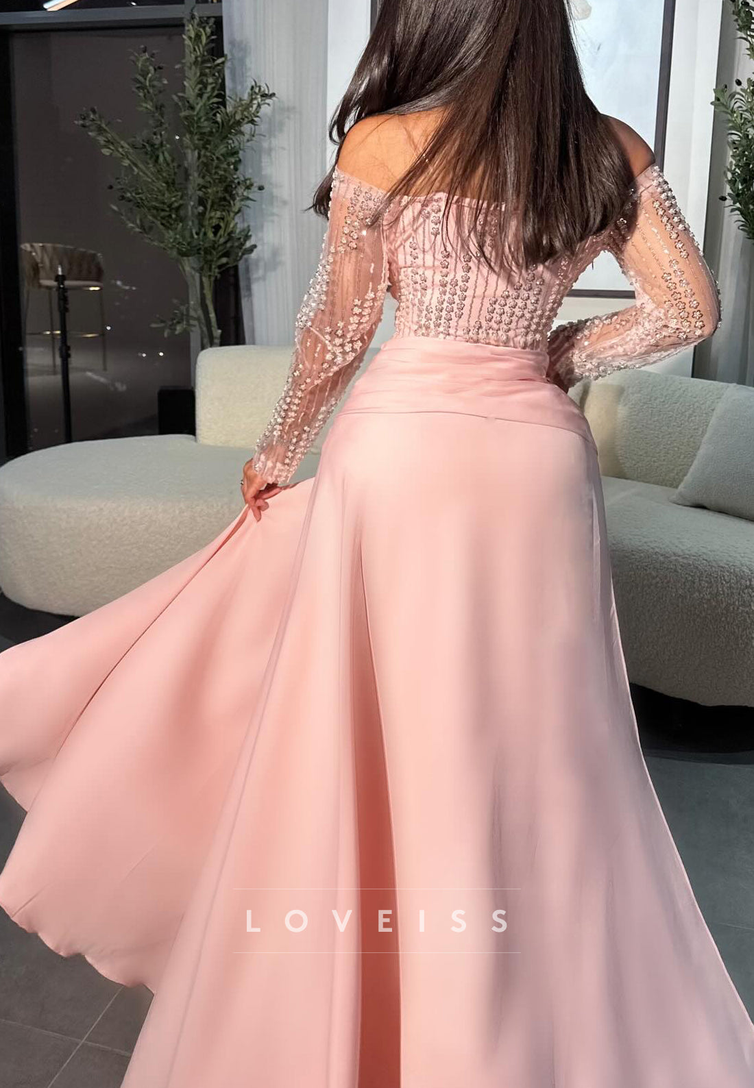 Off-Shoulder Long Sleeves Beaded Mermaid Evening Dress