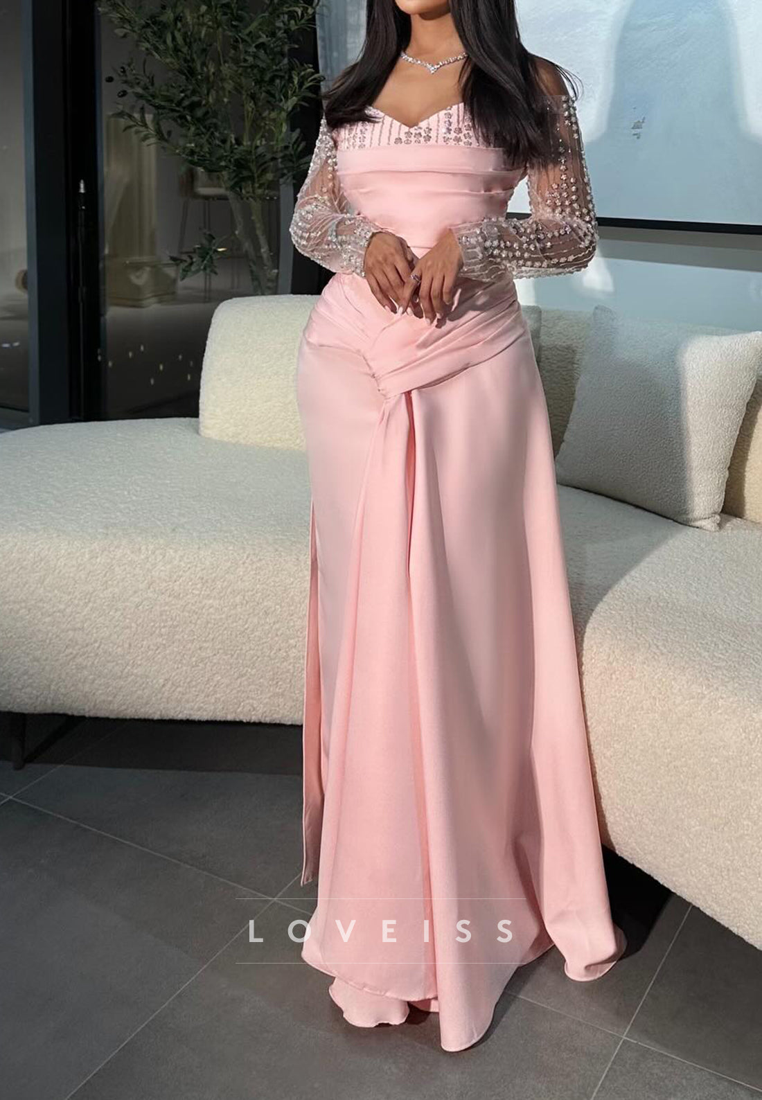 Off-Shoulder Long Sleeves Beaded Mermaid Evening Dress