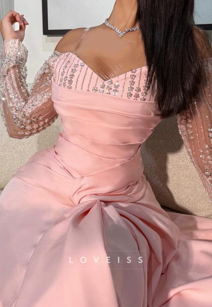 Off-Shoulder Long Sleeves Beaded Mermaid Evening Dress