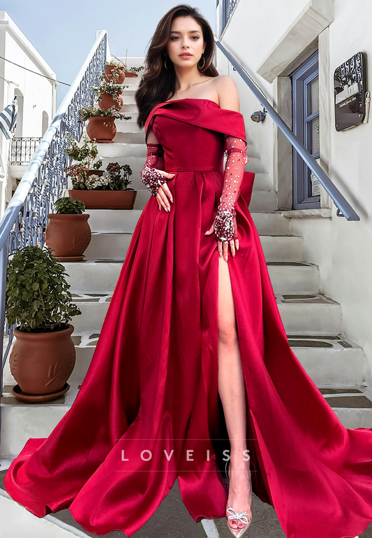 Off-Shoulder Long Sleeves Beaded Pleated A-Line Prom Dress