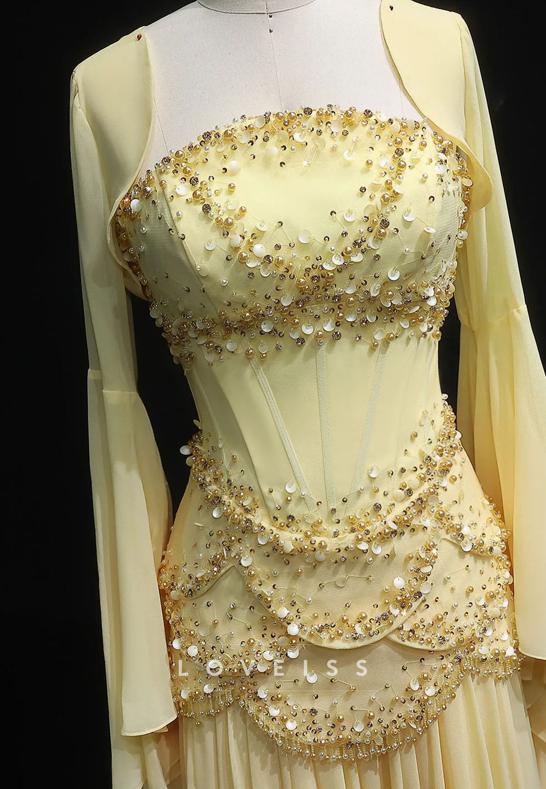 Square Long Sleeves Beaded Pleated A-Line Prom Evening Dress