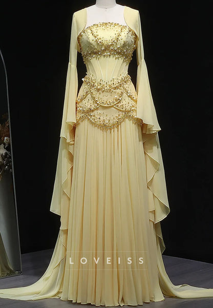 Square Long Sleeves Beaded Pleated A-Line Prom Evening Dress