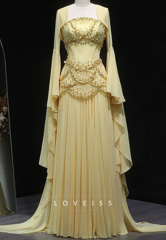 Square Long Sleeves Beaded Pleated A-Line Prom Evening Dress