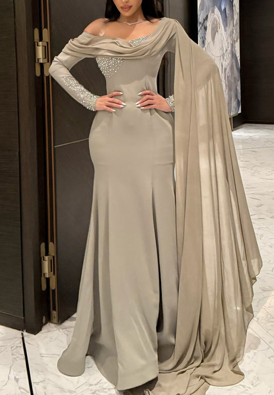 Off-Shoulder Long Sleeves Beaded Sleek Mermaid Evening Dress