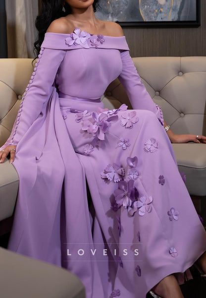 Off-Shoulder Long Sleeves Floral A-Line Formal Dress