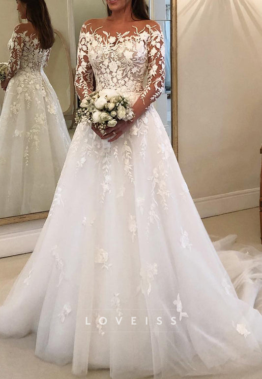 Off-Shoulder Long Sleeves Floral Appliques A-Line Wedding Dress
