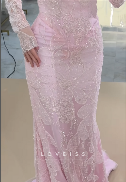 Off-Shoulder Long Sleeves Floral Appliques Mermaid Evening Dress