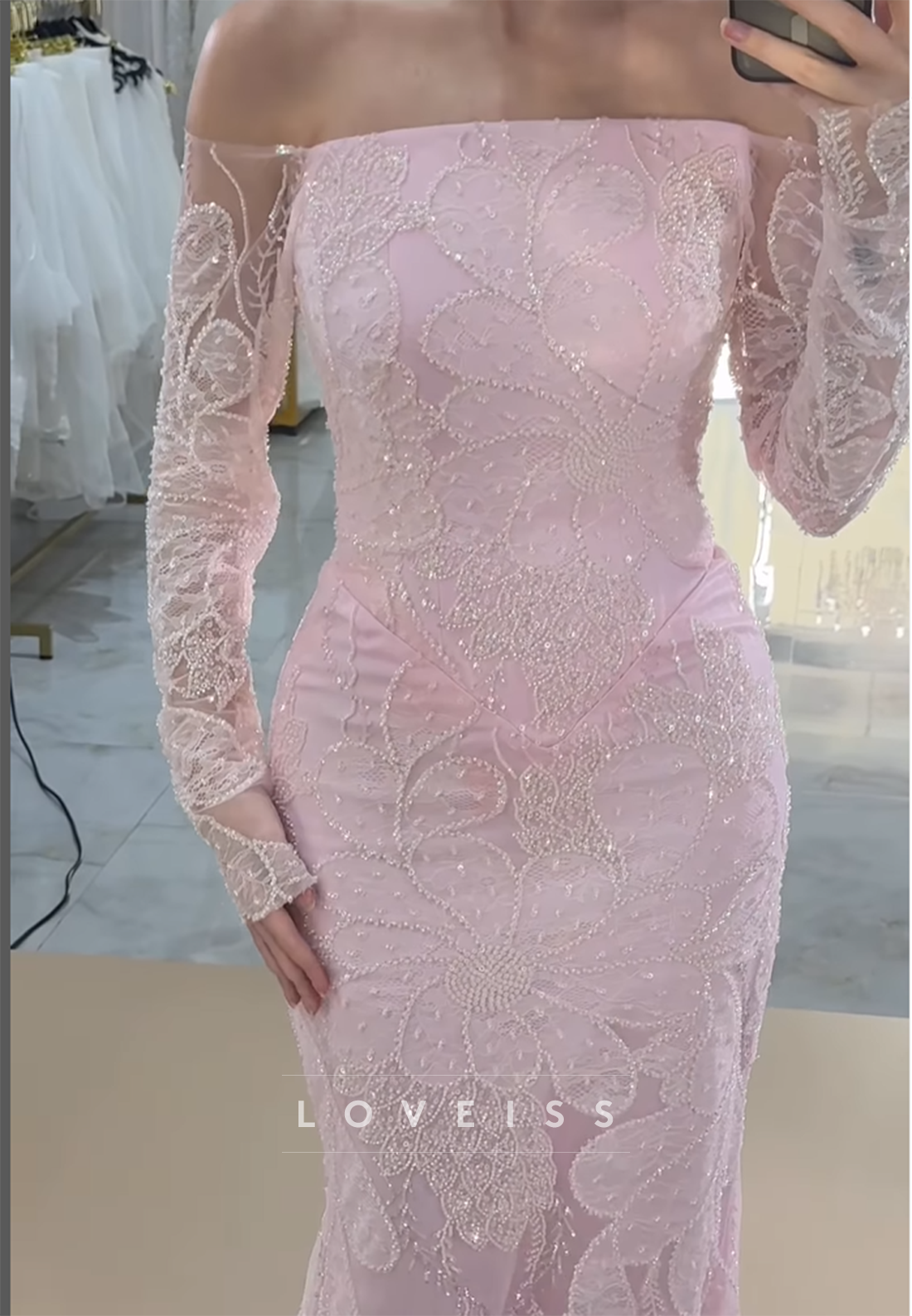 Off-Shoulder Long Sleeves Floral Appliques Mermaid Evening Dress