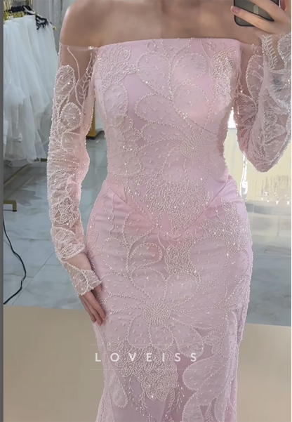 Off-Shoulder Long Sleeves Floral Appliques Mermaid Evening Dress