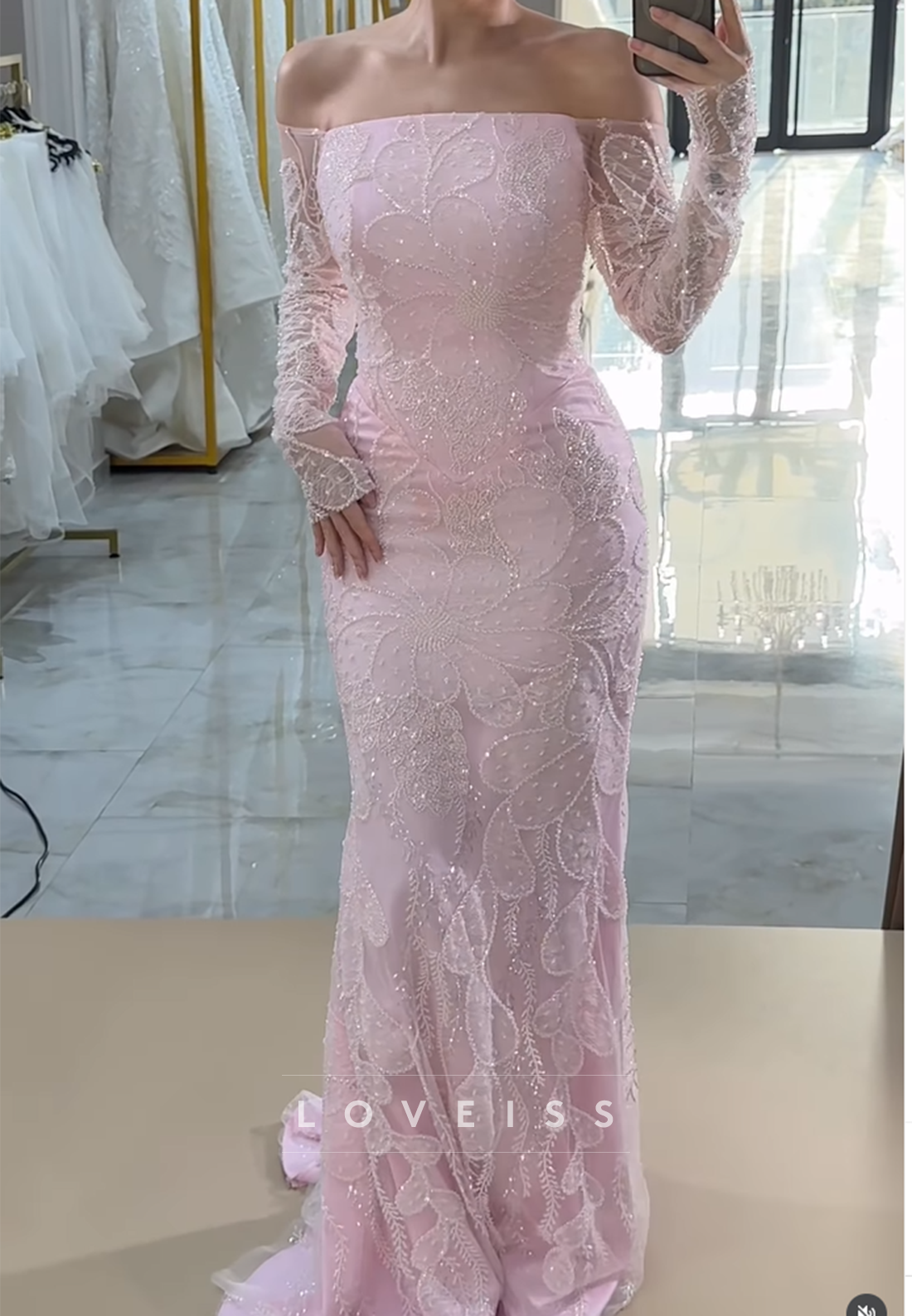 Off-Shoulder Long Sleeves Floral Appliques Mermaid Evening Dress