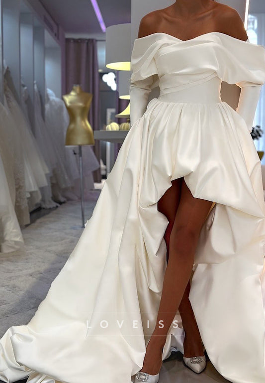 Off-Shoulder Long Sleeves High-Low A-Line Wedding Dress