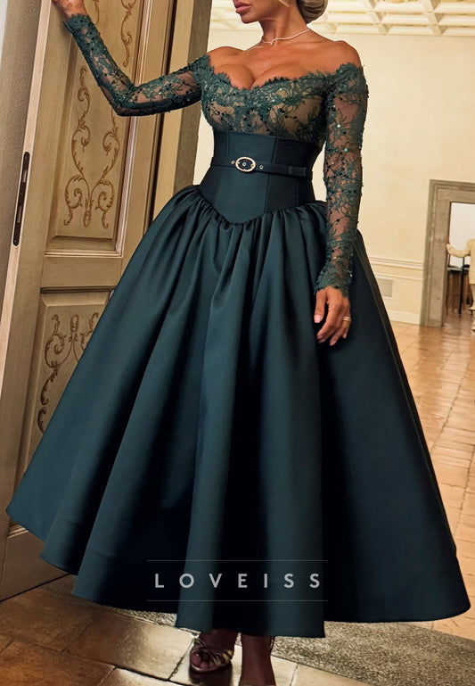 Off-Shoulder Long Sleeves Lace Appliques A-Line Evening Dress