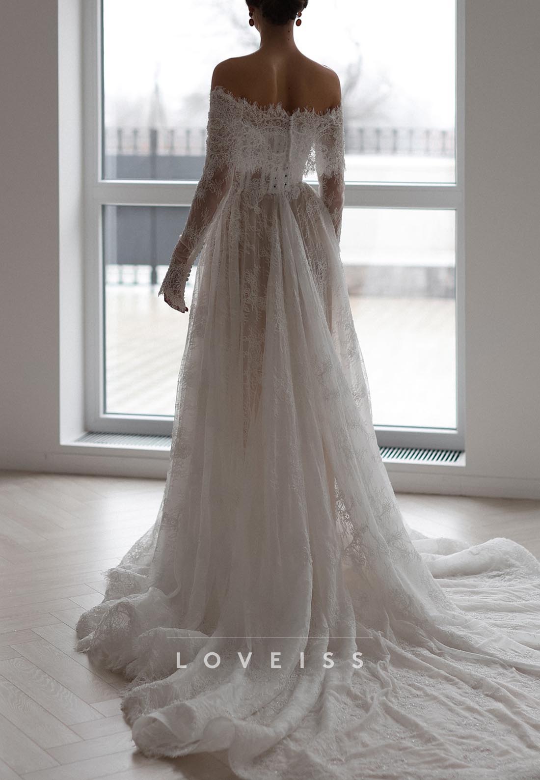 Off-Shoulder Long Sleeves Lace Appliques A-Line Wedding Dress Loveiss Off-Shoulder Long Sleeves Lace Appliques A-Line Wedding Dress Loveiss