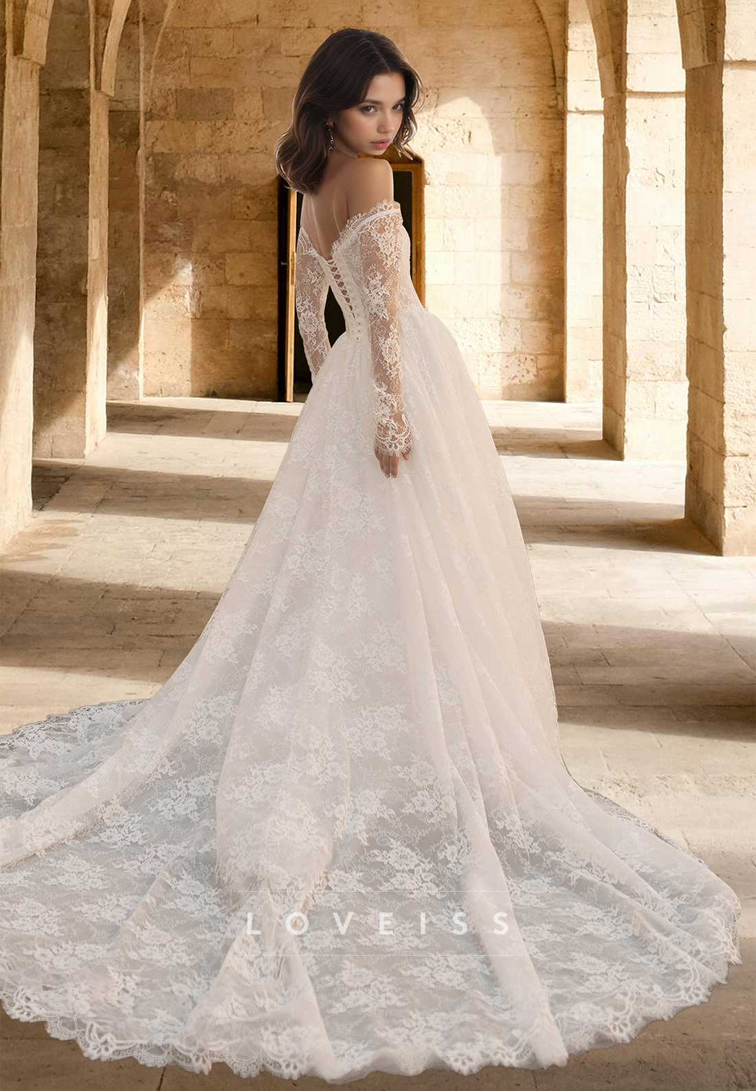 Off-Shoulder Long Sleeves Lace Appliques A-Line Wedding Dress Loveiss Off-Shoulder Long Sleeves Lace Appliques A-Line Wedding Dress Loveiss