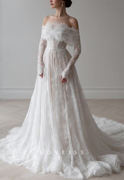 Off-Shoulder Long Sleeves Lace Appliques A-Line Wedding Dress
