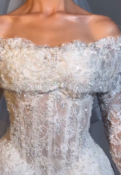 Off-Shoulder Long Sleeves Lace Appliques A-Line Wedding Dress