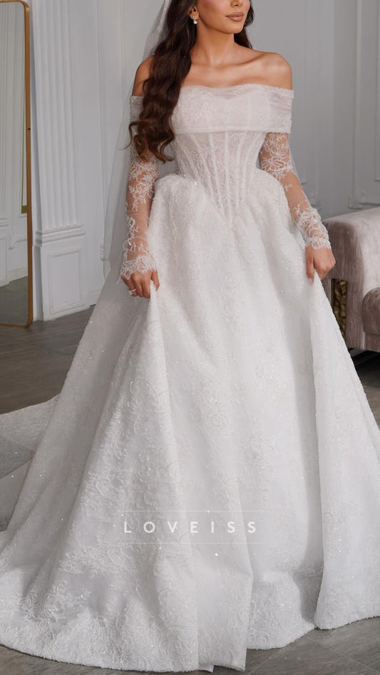 Off-Shoulder Long Sleeves Lace Appliques A-Line Wedding Dress