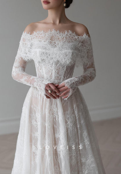 Off-Shoulder Long Sleeves Lace Appliques A-Line Wedding Dress