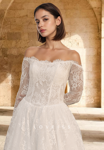 Off-Shoulder Long Sleeves Lace Appliques A-Line Wedding Dress Loveiss Off-Shoulder Long Sleeves Lace Appliques A-Line Wedding Dress Loveiss
