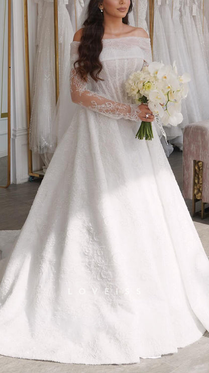 Off-Shoulder Long Sleeves Lace Appliques A-Line Wedding Dress