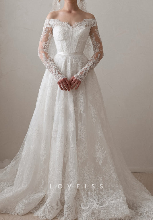 Off-Shoulder Long Sleeves Lace Appliques A-Line Wedding Dress