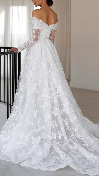 Off-Shoulder Long Sleeves Lace Appliques A-Line Wedding Dress