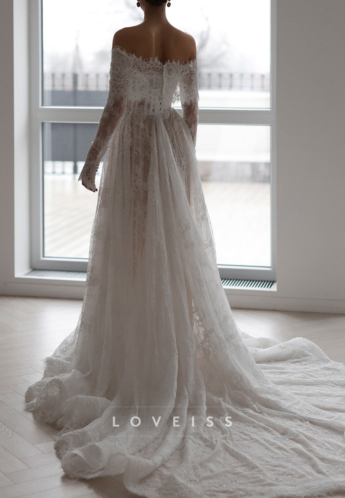 Off-Shoulder Long Sleeves Lace Appliques A-Line Wedding Dress Loveiss Off-Shoulder Long Sleeves Lace Appliques A-Line Wedding Dress Loveiss