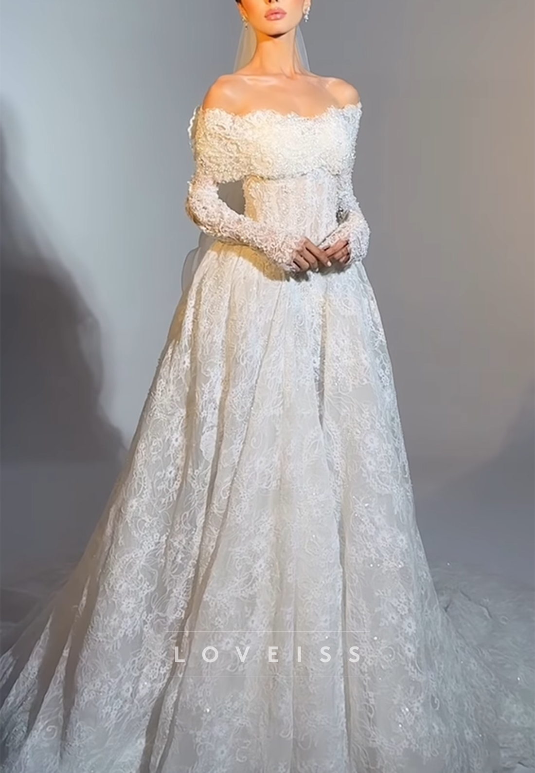 Off-Shoulder Long Sleeves Lace Appliques A-Line Wedding Dress