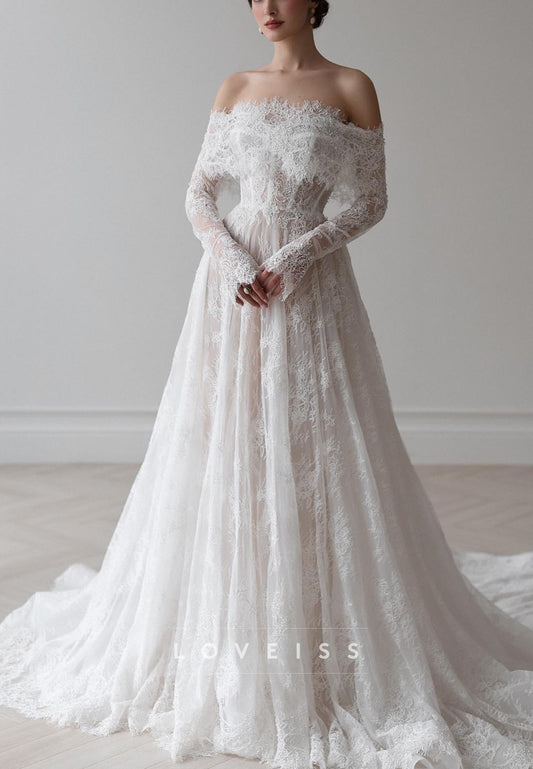 Off-Shoulder Long Sleeves Lace Appliques A-Line Wedding Dress