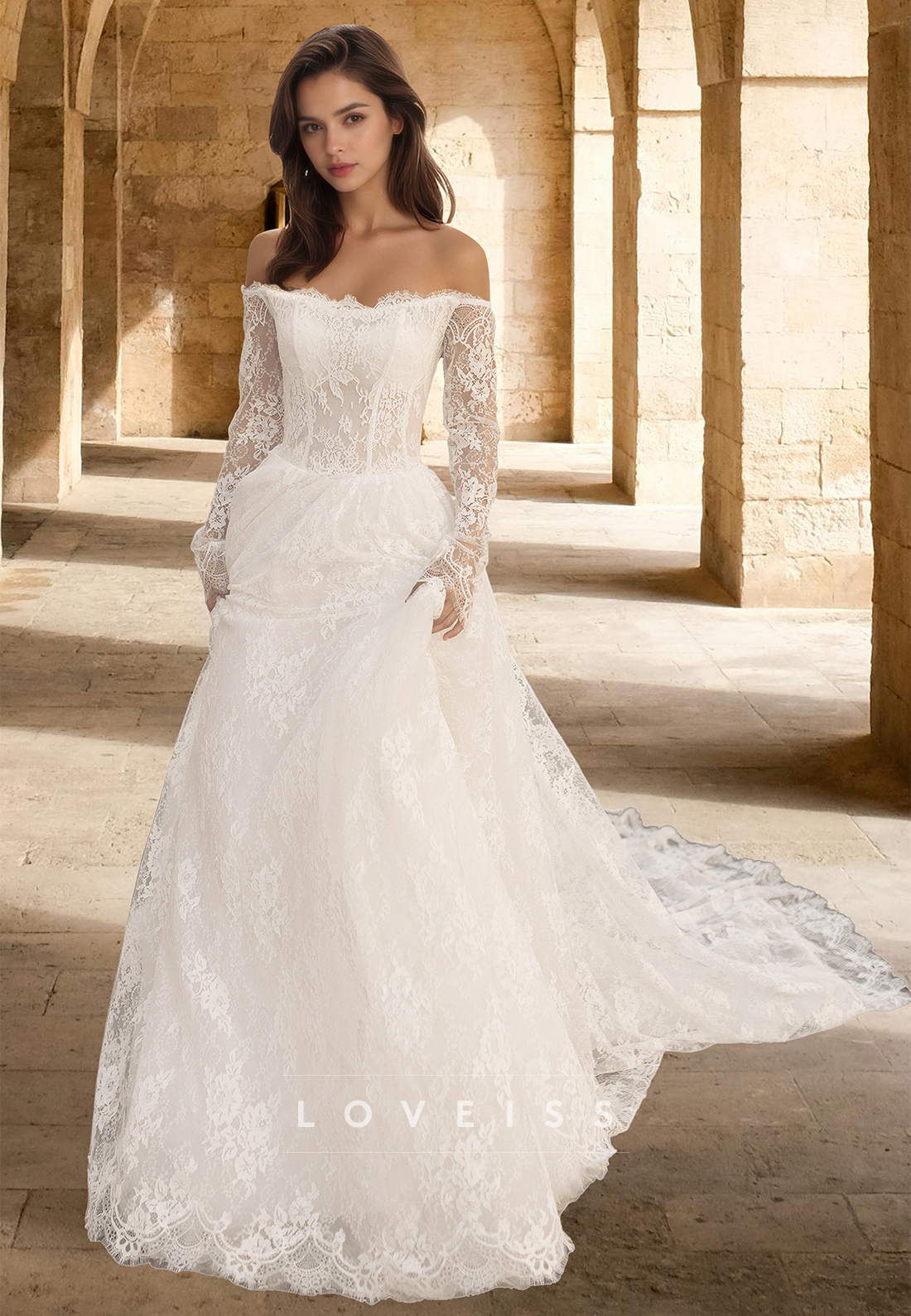Off-Shoulder Long Sleeves Lace Appliques A-Line Wedding Dress – Loveiss