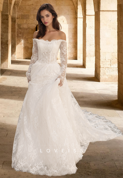 Off-Shoulder Long Sleeves Lace Appliques A-Line Wedding Dress Loveiss Off-Shoulder Long Sleeves Lace Appliques A-Line Wedding Dress Loveiss