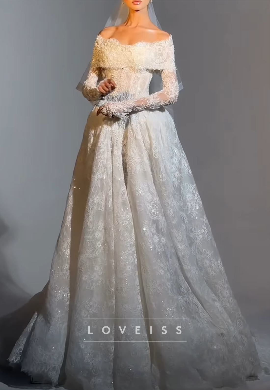 Off-Shoulder Long Sleeves Lace Appliques A-Line Wedding Dress