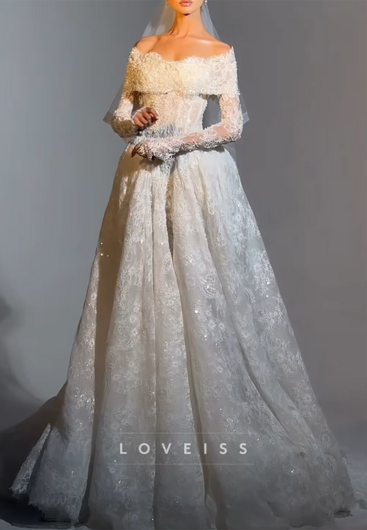 Off-Shoulder Long Sleeves Lace Appliques A-Line Wedding Dress