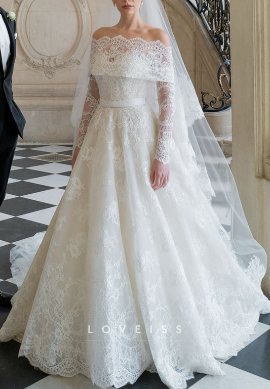 Off-Shoulder Long Sleeves Lace Appliques A-Line Wedding Dress
