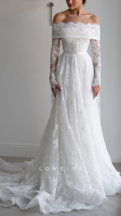 Off-Shoulder Long Sleeves Lace Appliques A-Line Wedding Dress