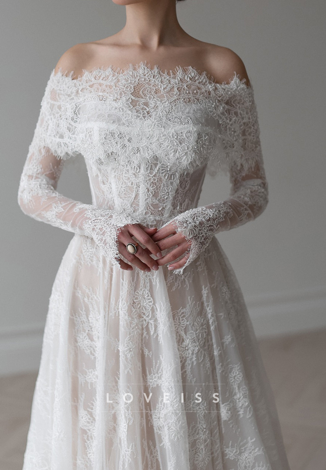 Off-Shoulder Long Sleeves Lace Appliques A-Line Wedding Dress