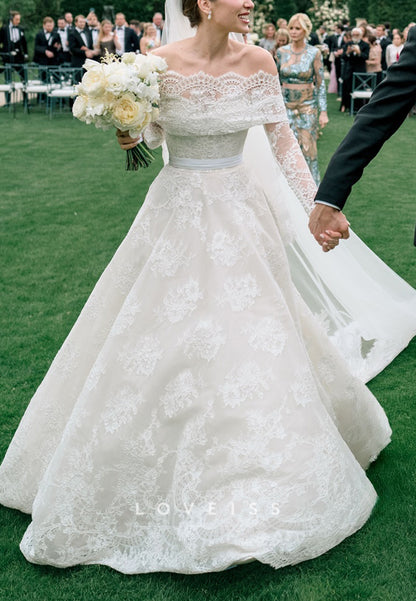 Off-Shoulder Long Sleeves Lace Appliques A-Line Wedding Dress