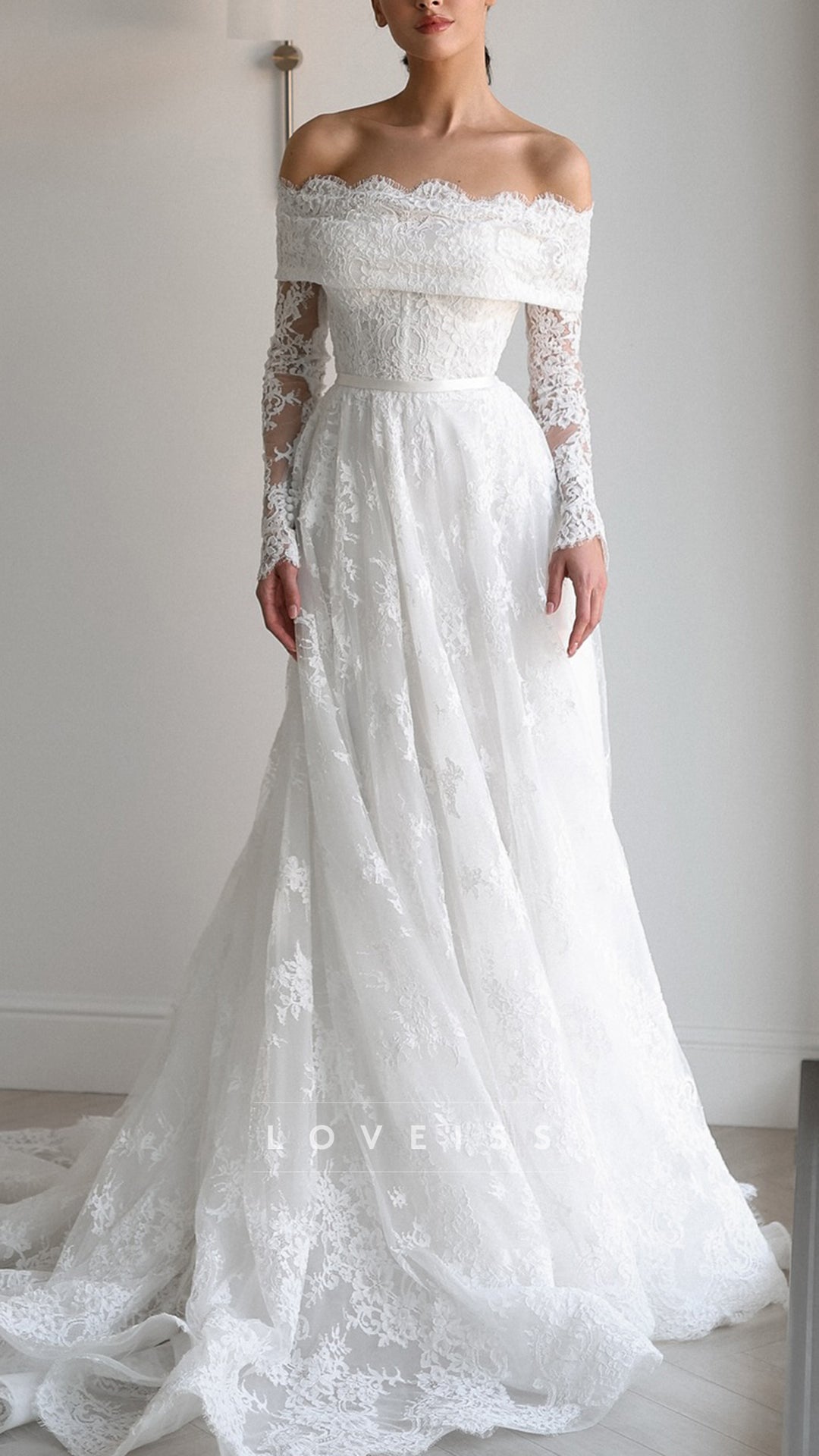 Off-Shoulder Long Sleeves Lace Appliques A-Line Wedding Dress